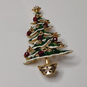 Green And Gold Tone Christmas Tree Brooch With Red Dangling Ornaments